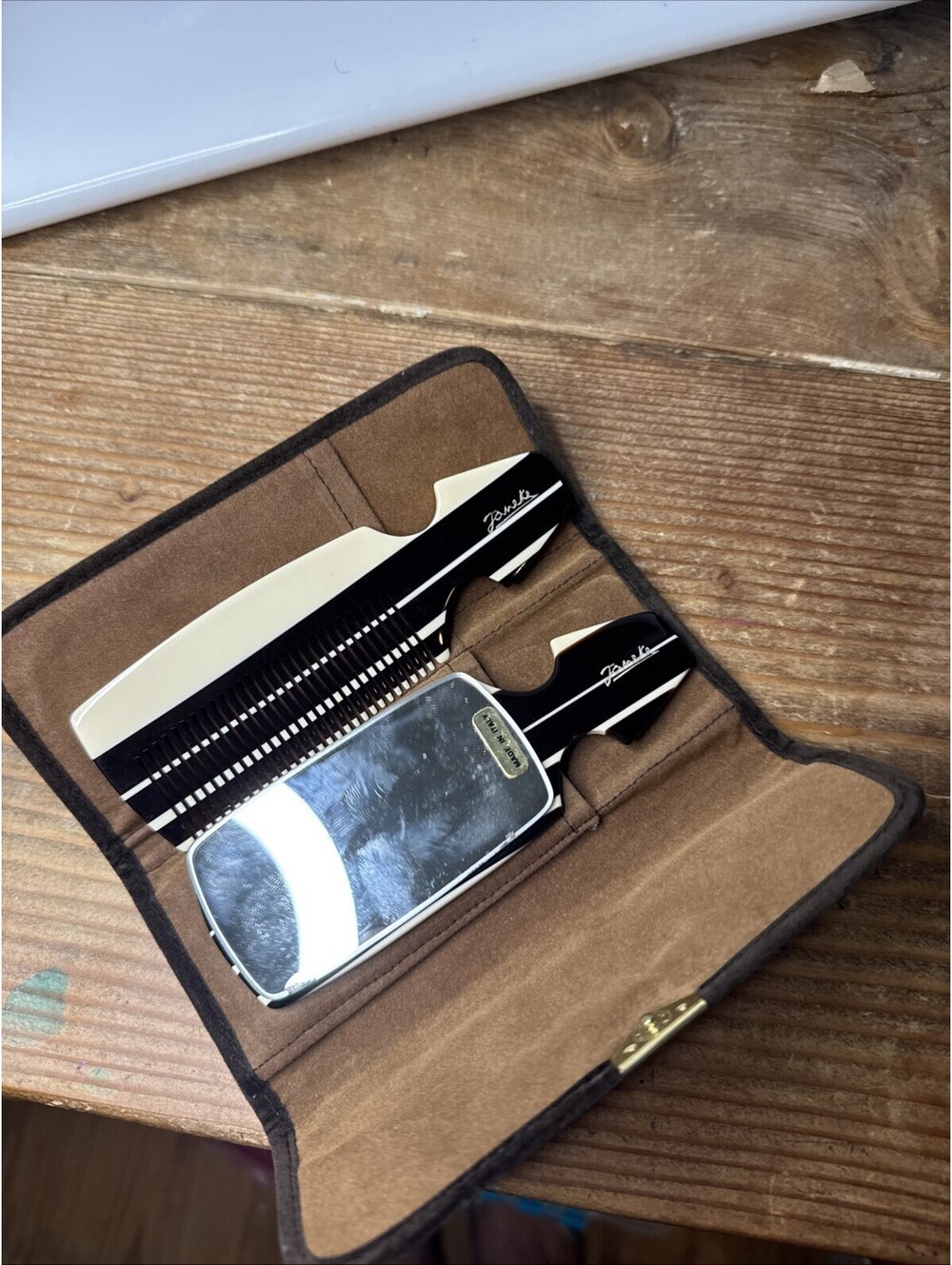 VTG Italy Comb & Mirror Set Velveteen Case Janeke Mod Dep Neiman Marcus Striped